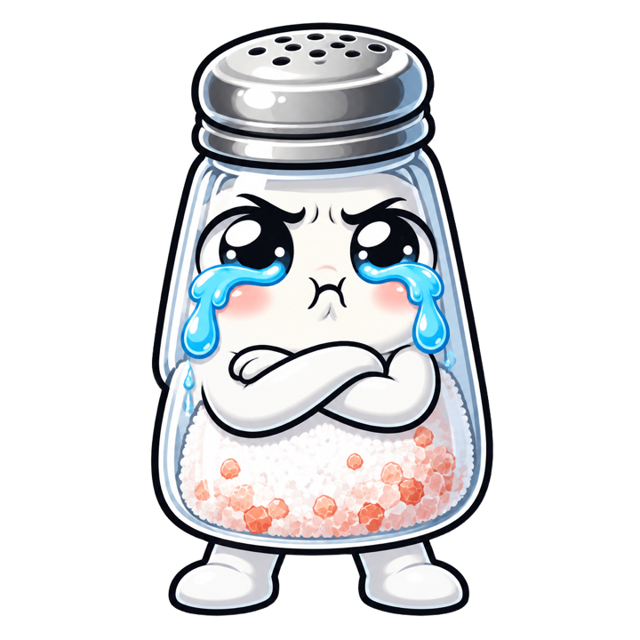 Salty, a crying salt shaker with its arms crossed